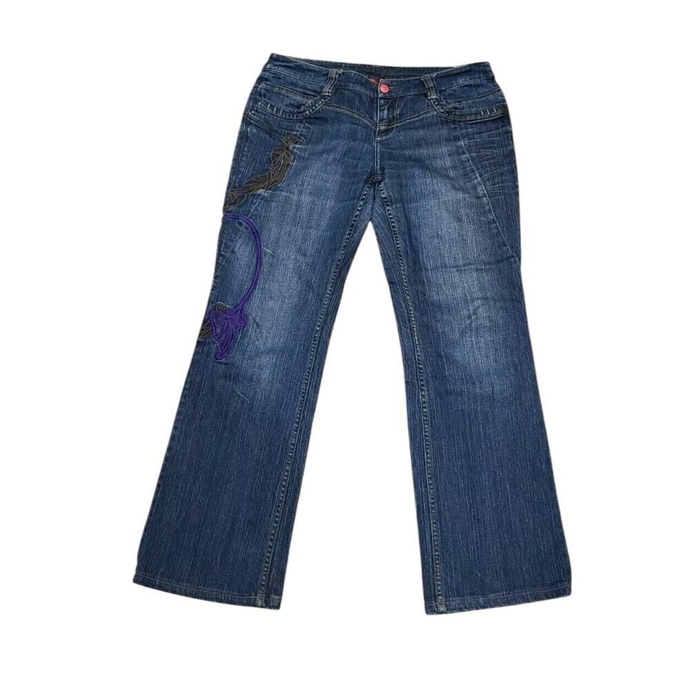 Oilily Y2K Low Rise Embroidered Art Deco Floral Blue Jeans 40 US 8-10 Bratz EUC